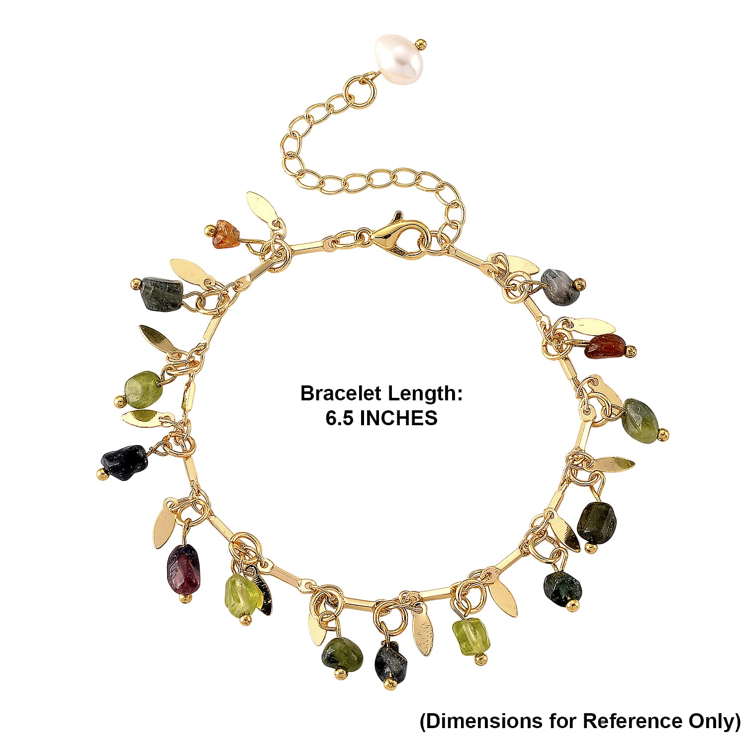 White Freshwater Pearl and Multi Tourmaline 12.00 ctw Beaded Bracelet in Goldtone (6.5-8In)