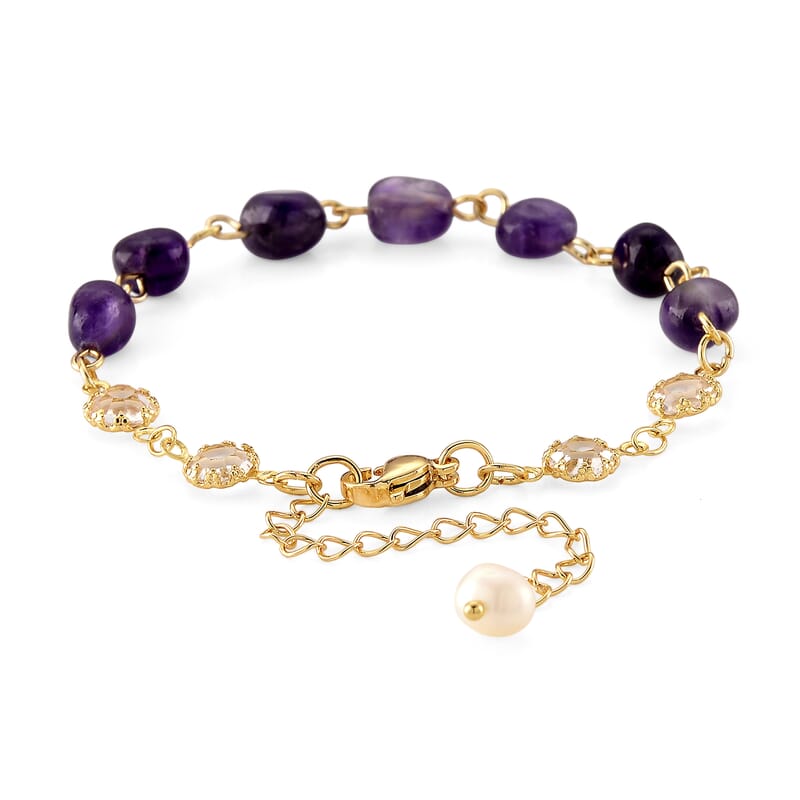 African Amethyst and Multi Gemstone 6.00 ctw Beaded Bracelet in Goldtone (6.75-8.75In)