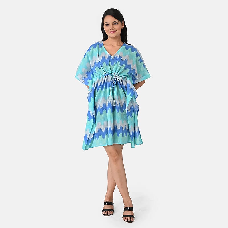 La Marey Blue Zigzag Cotton Kaftan - One Size Fits Most