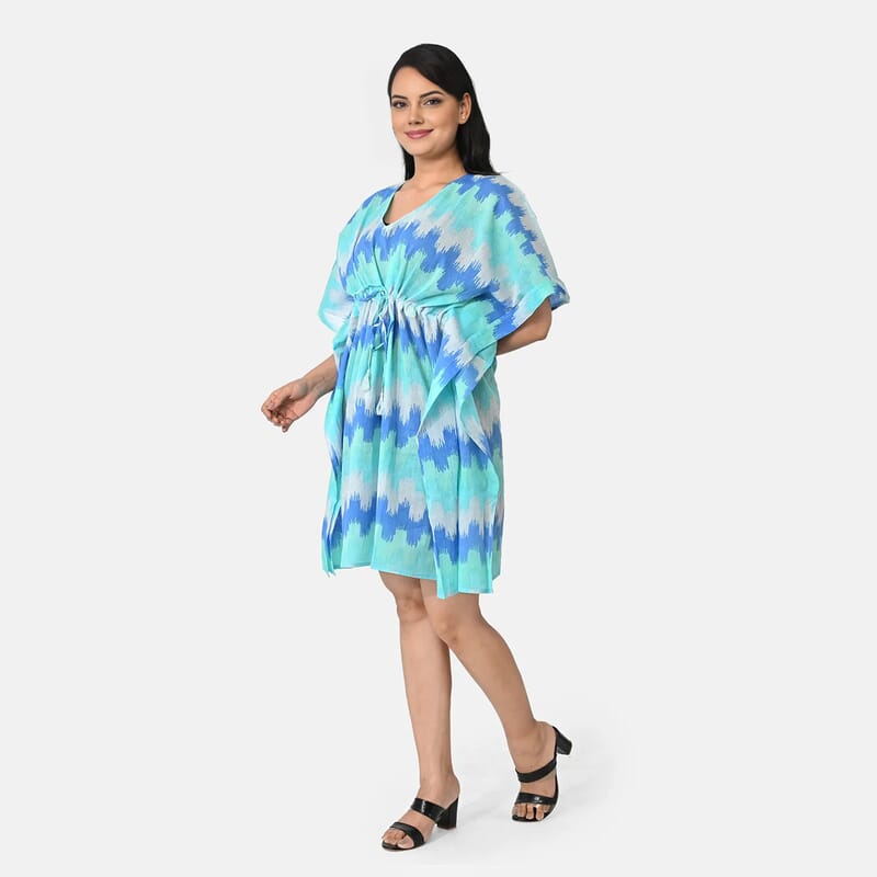 La Marey Blue Zigzag Cotton Kaftan - One Size Fits Most