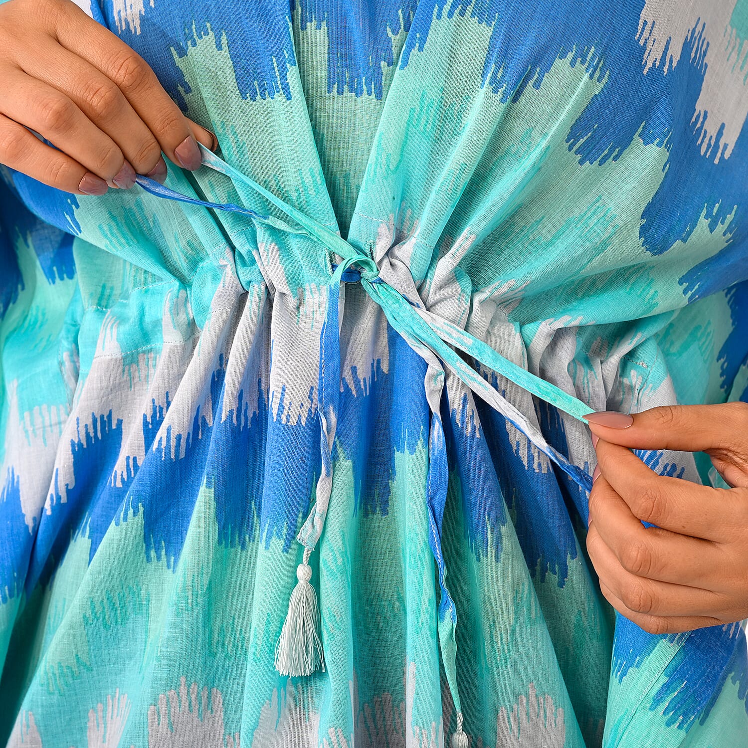 La Marey Blue Zigzag Cotton Kaftan - One Size Fits Most