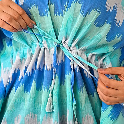La Marey Blue Zigzag Cotton Kaftan - One Size Fits Most