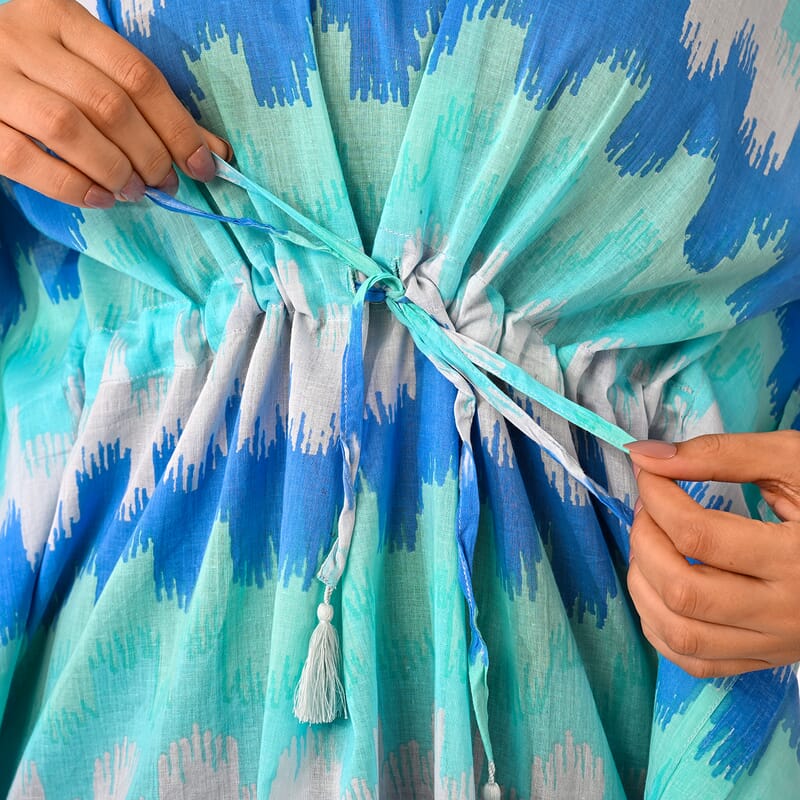 La Marey Blue Zigzag Cotton Kaftan - One Size Fits Most