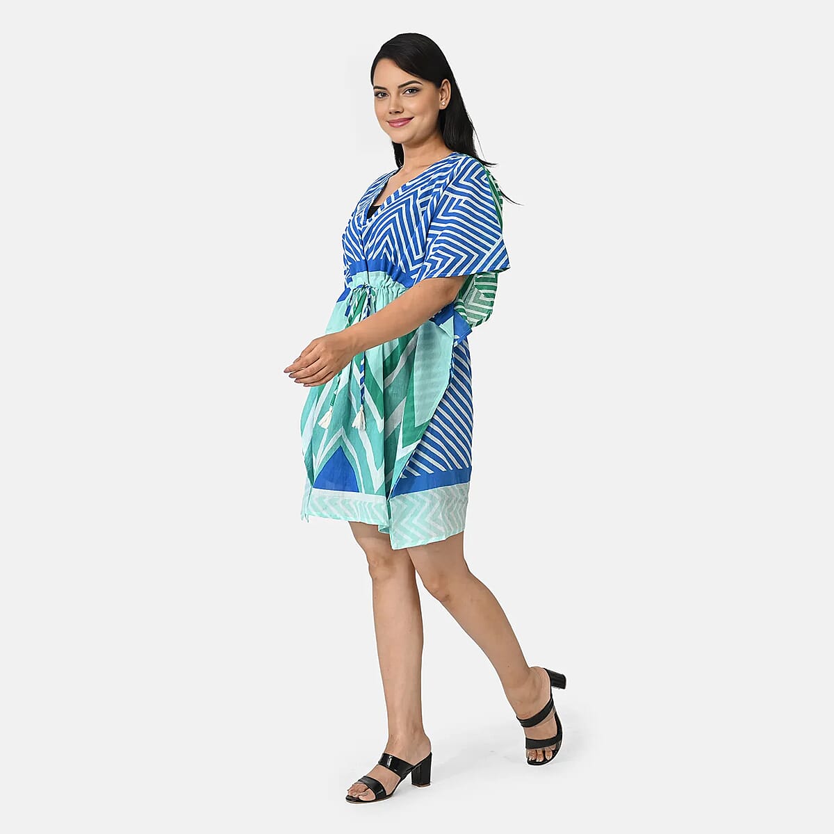 La Marey Blue Geometric Cotton Kaftan - One Size Fits Most image number 2