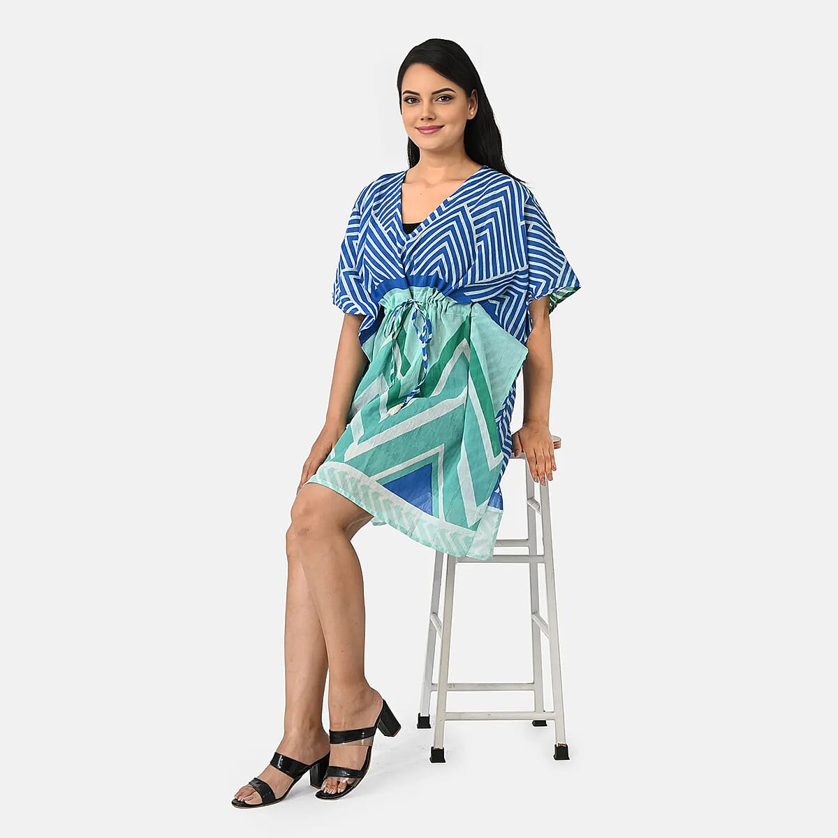 La Marey Blue Geometric Cotton Kaftan - One Size Fits Most image number 3