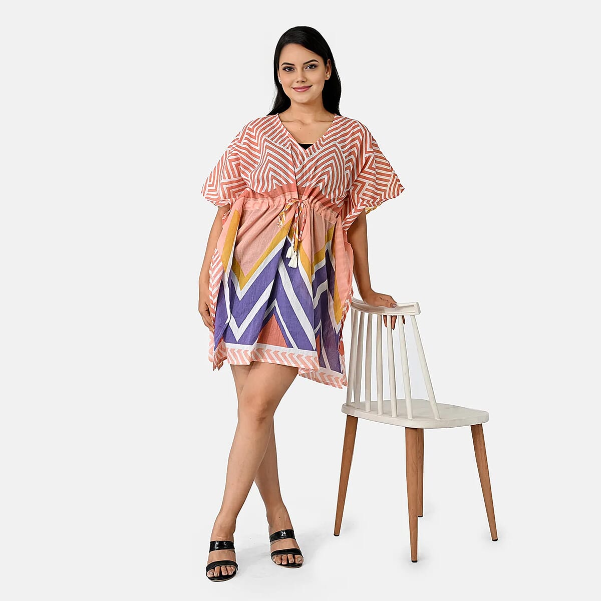 La Marey Red Geometric Cotton Kaftan - One Size Fits Most image number 3