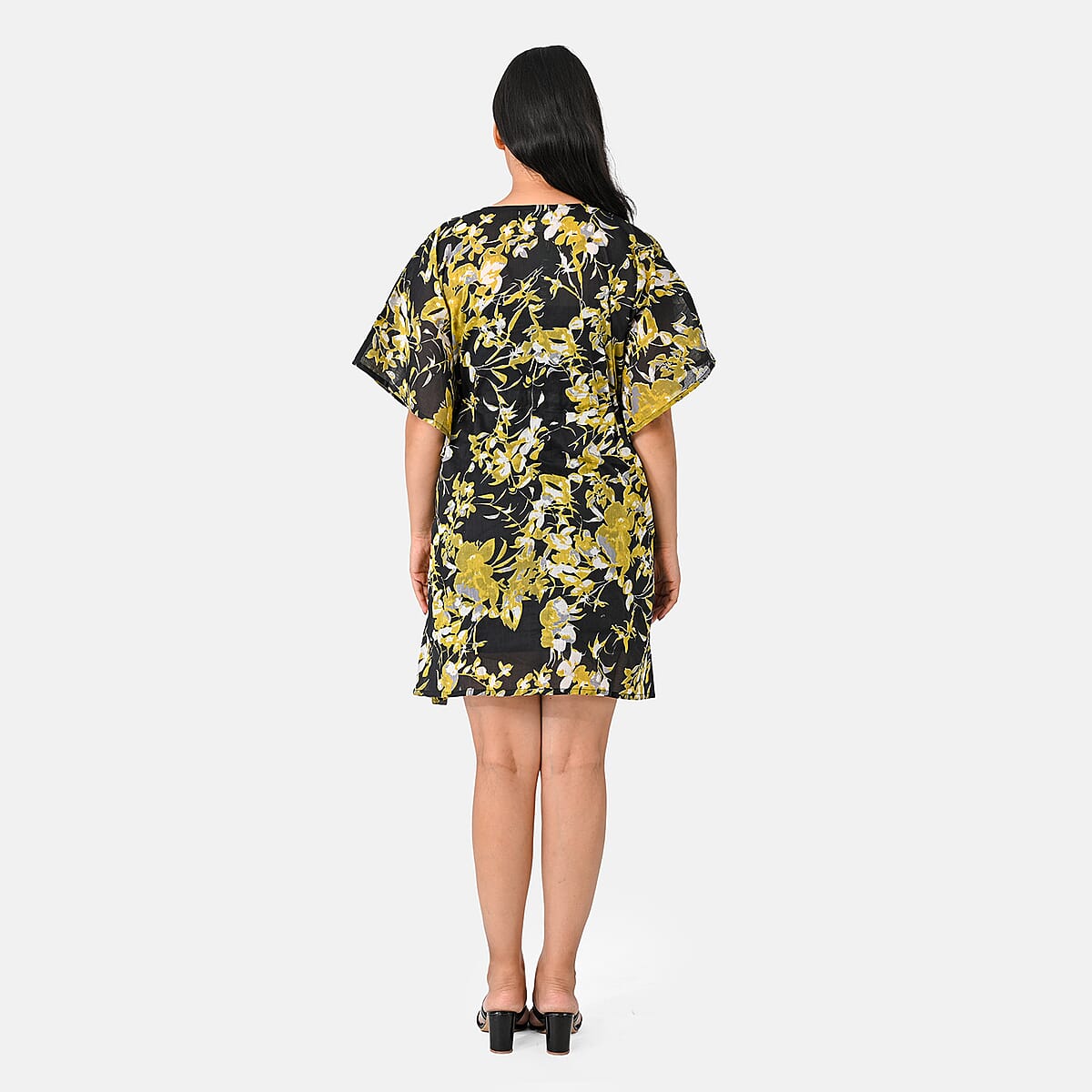 La Marey Black Floral Cotton Kaftan - One Size Fits Most image number 1