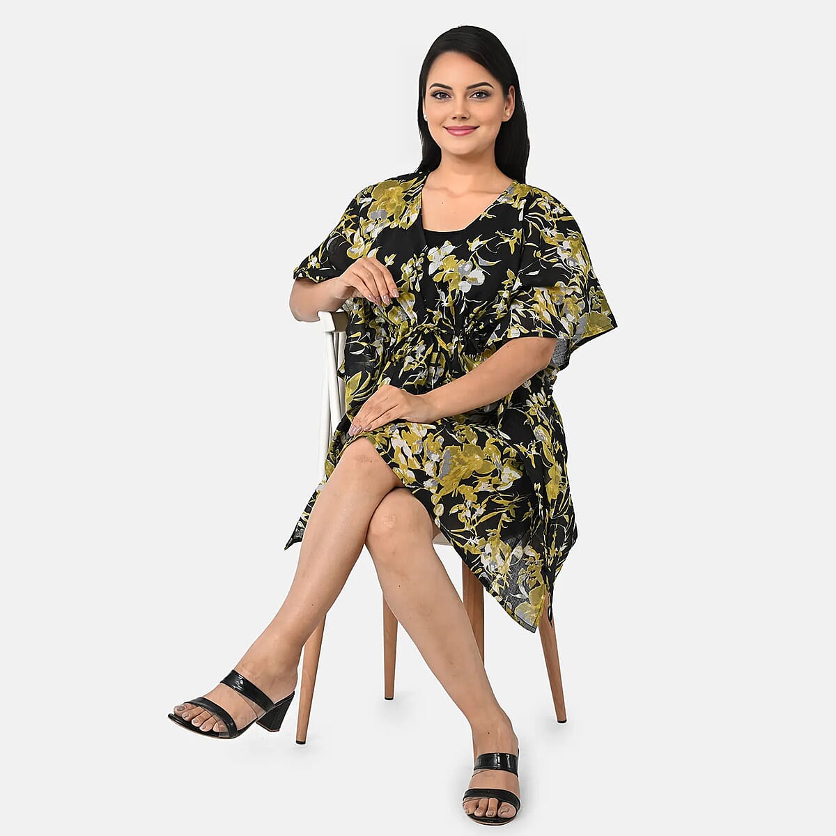 La Marey Black Floral Cotton Kaftan - One Size Fits Most image number 3