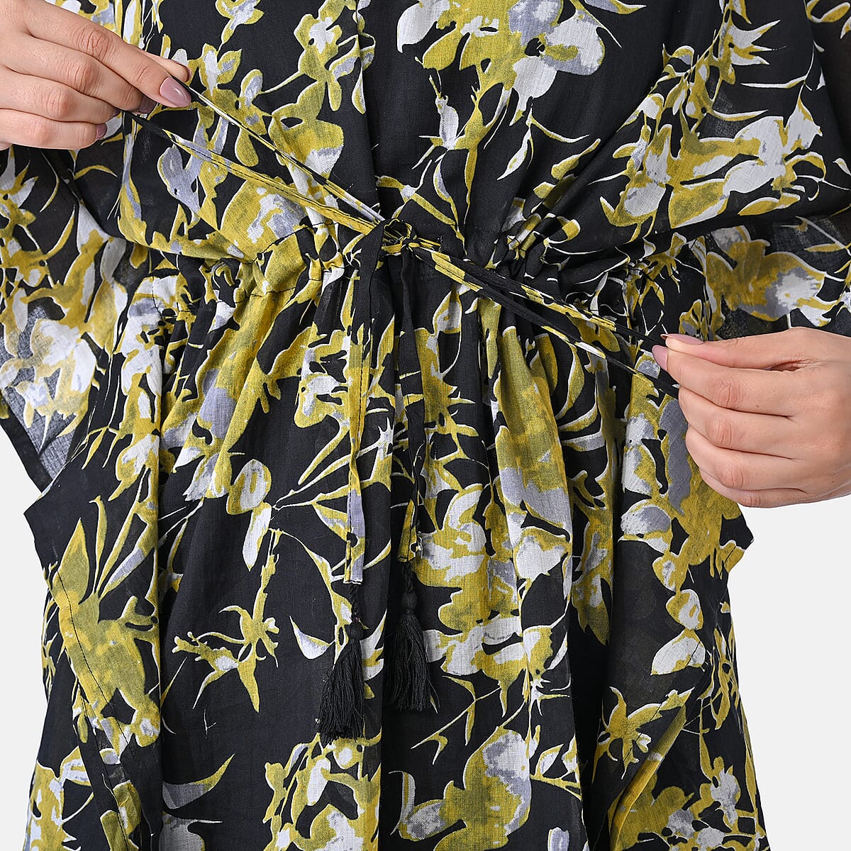 La Marey Black Floral Cotton Kaftan - One Size Fits Most image number 4