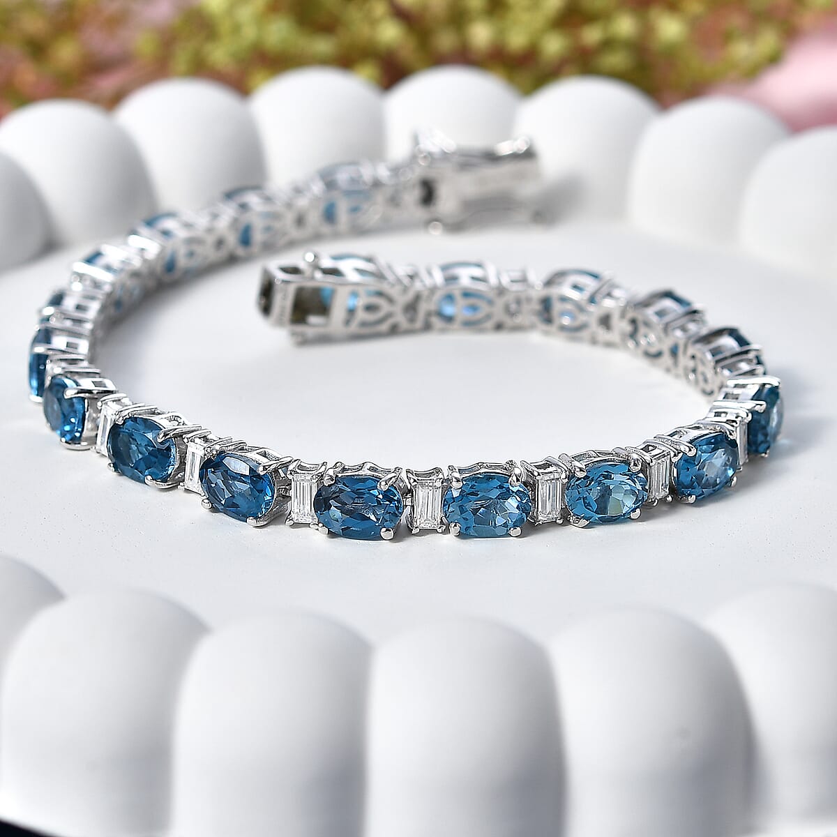 D'Joy London Blue Topaz and Moissanite 20.75 ctw Midnight Blue Tennis Bracelet in Rhodium Over Sterling Silver (7.25 In) image number 1