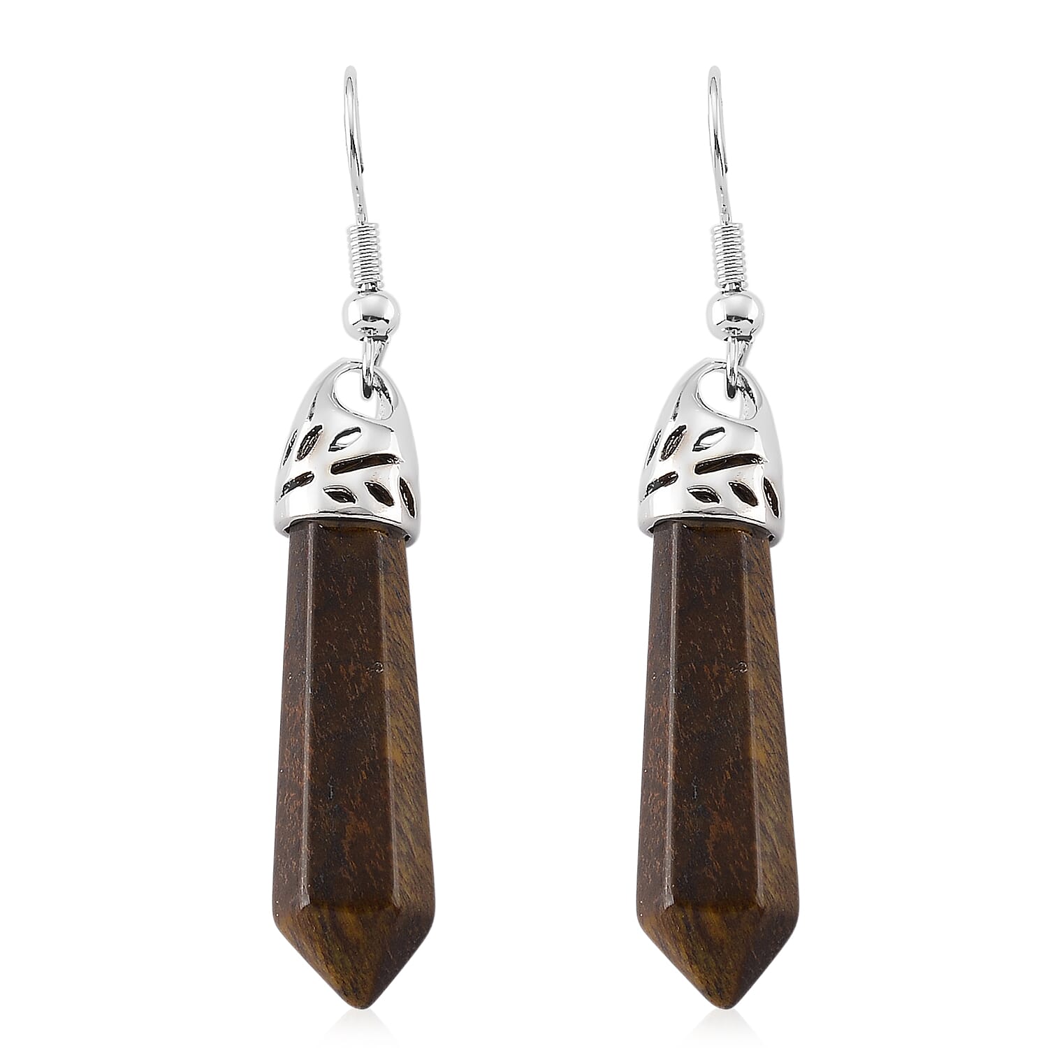 Yellow Tiger's Eye 25.00 ctw Point Drop Earrings in Silvertone