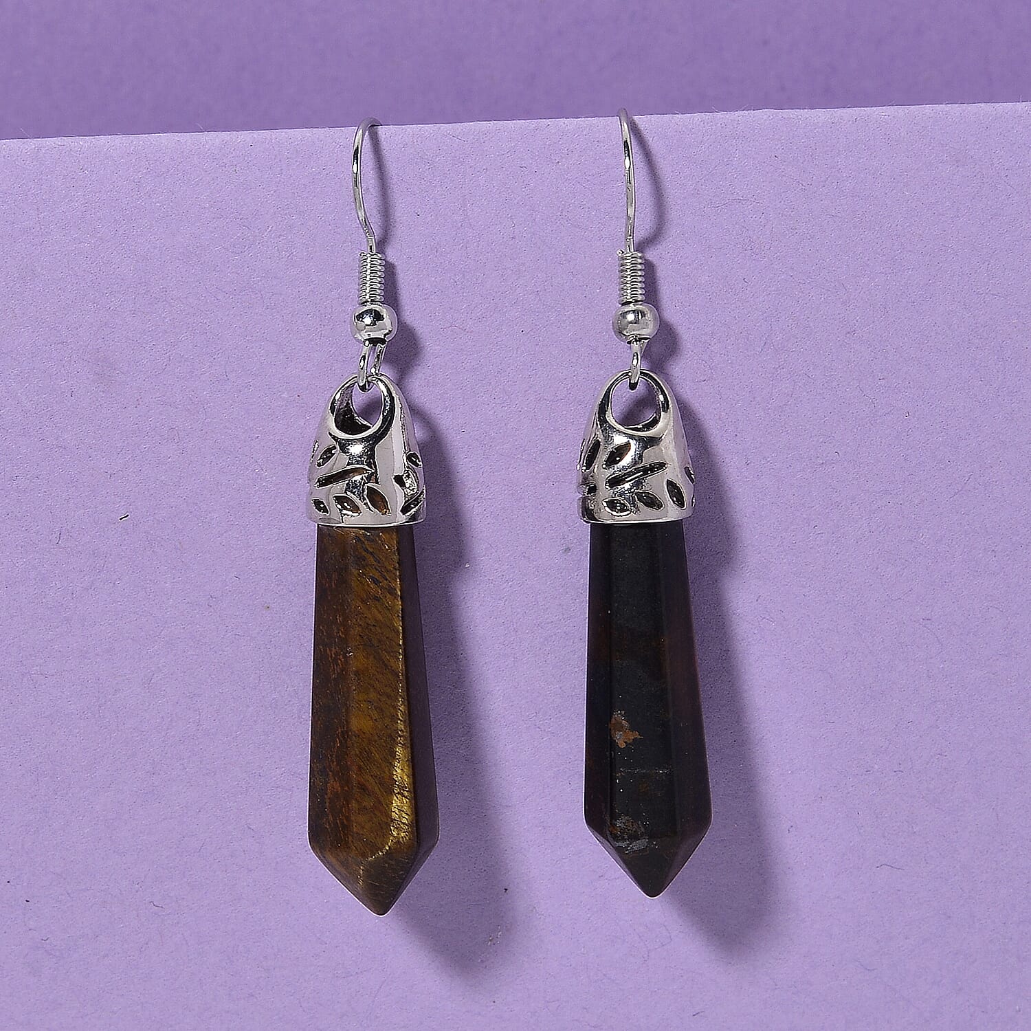 Yellow Tiger's Eye 25.00 ctw Point Drop Earrings in Silvertone