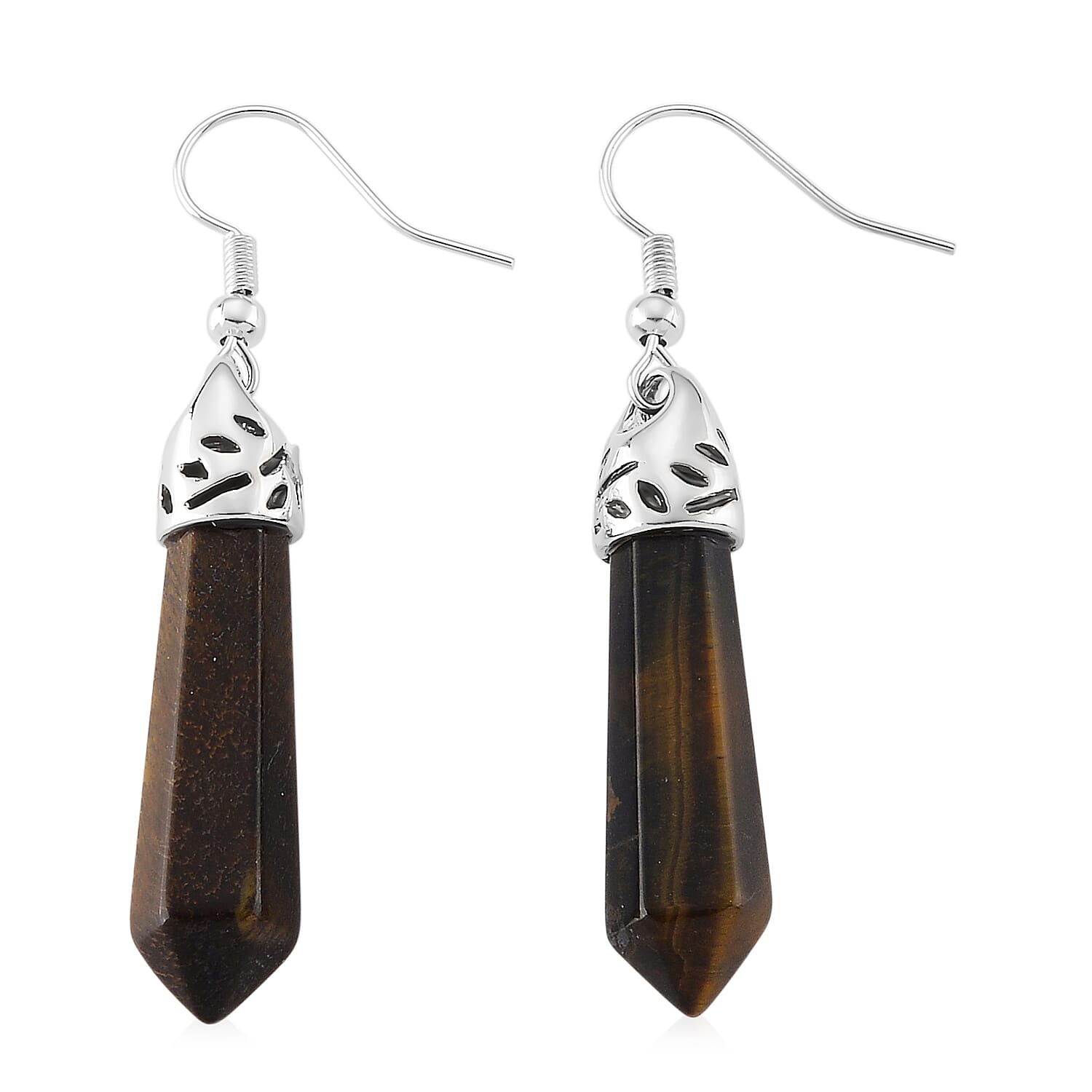 Yellow Tiger's Eye 25.00 ctw Point Drop Earrings in Silvertone