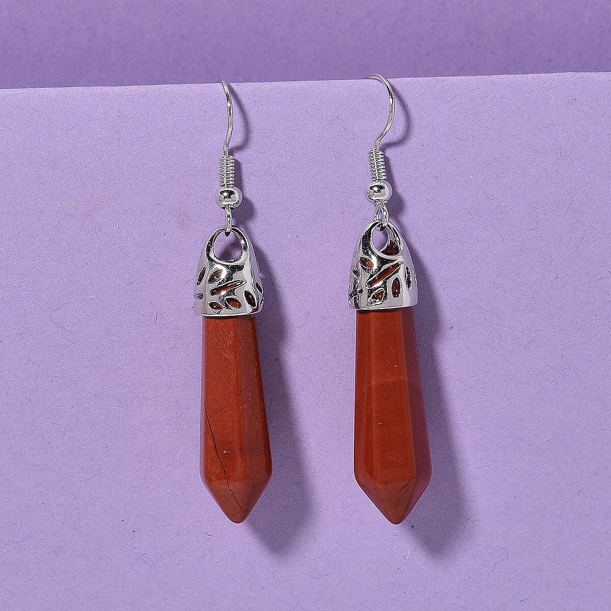 Red Jasper 25.00 ctw Point Drop Earrings in Silvertone image number 1