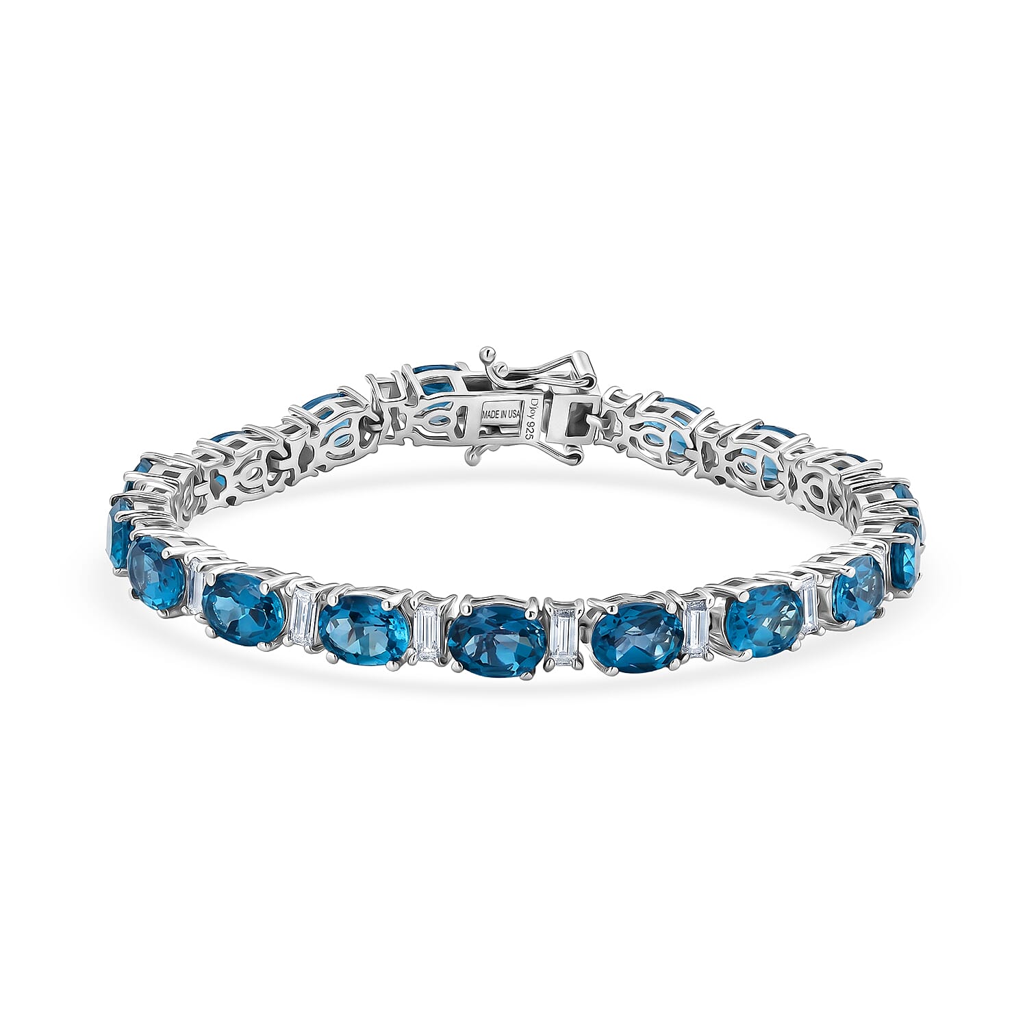 D'Joy London Blue Topaz and Moissanite 20.75 ctw Ocean Rhythm Line Bracelet in Rhodium Over Sterling Silver (7.25 In)
