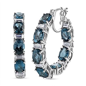D'Joy London Blue Topaz and Moissanite 15.35 ctw Midnight Blue Hoop Earrings in Rhodium Over Sterling Silver