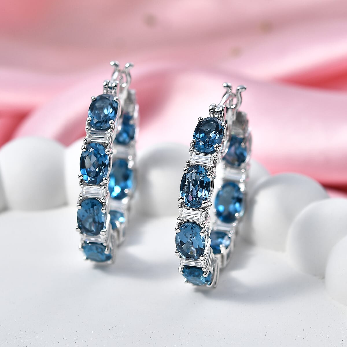 D'Joy London Blue Topaz and Moissanite 15.35 ctw Midnight Blue Hoop Earrings in Rhodium Over Sterling Silver image number 1