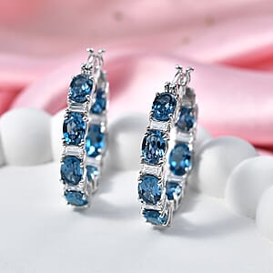 D'Joy London Blue Topaz and Moissanite 15.35 ctw Midnight Blue Hoop Earrings in Rhodium Over Sterling Silver