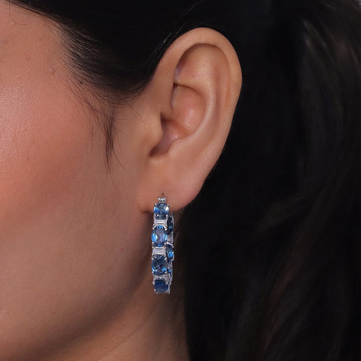 D'Joy London Blue Topaz and Moissanite 15.35 ctw Midnight Blue Hoop Earrings in Rhodium Over Sterling Silver image number 2
