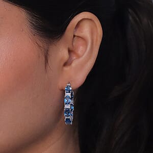 D'Joy London Blue Topaz and Moissanite 15.35 ctw Midnight Blue Hoop Earrings in Rhodium Over Sterling Silver