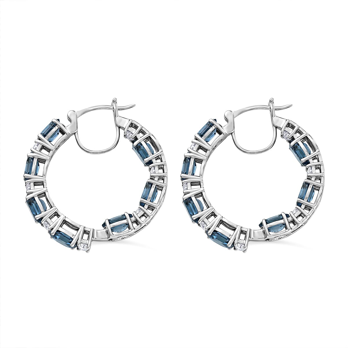 D'Joy London Blue Topaz and Moissanite 15.35 ctw Midnight Blue Hoop Earrings in Rhodium Over Sterling Silver image number 3