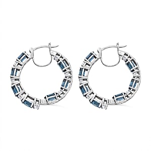 D'Joy London Blue Topaz and Moissanite 15.35 ctw Midnight Blue Hoop Earrings in Rhodium Over Sterling Silver