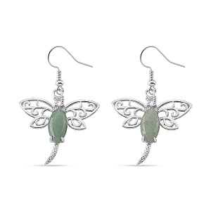 Green Aventurine and Austrian Crystal 12.00 ctw Dragonfly Earrings in Silvertone