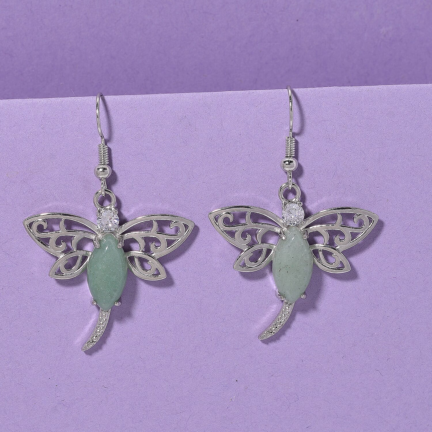 Green Aventurine and Austrian Crystal 12.00 ctw Dragonfly Earrings in Silvertone
