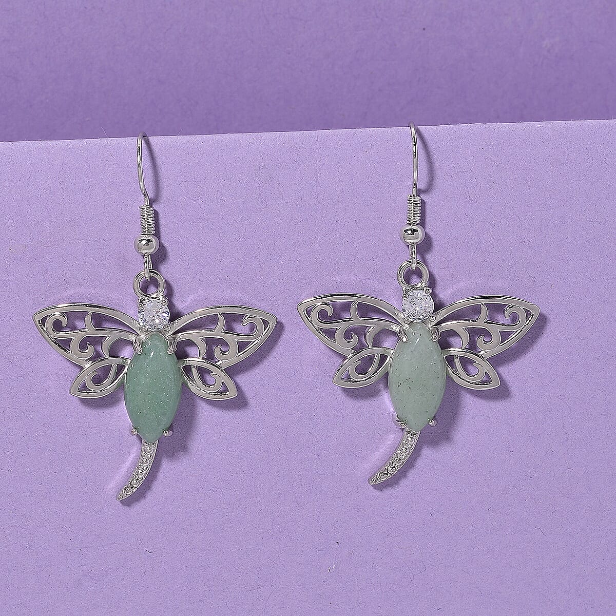 Green Aventurine and Austrian Crystal 12.00 ctw Dragonfly Earrings in Silvertone image number 1