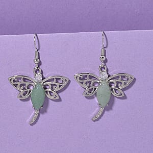 Green Aventurine and Austrian Crystal 12.00 ctw Dragonfly Earrings in Silvertone