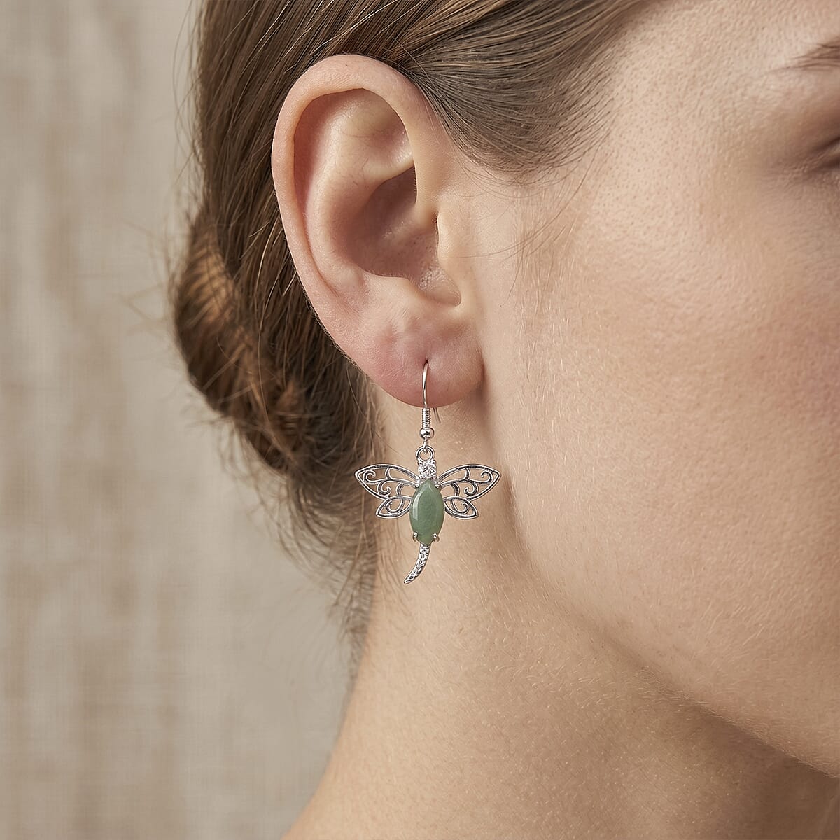 Green Aventurine and Austrian Crystal 12.00 ctw Dragonfly Earrings in Silvertone image number 2