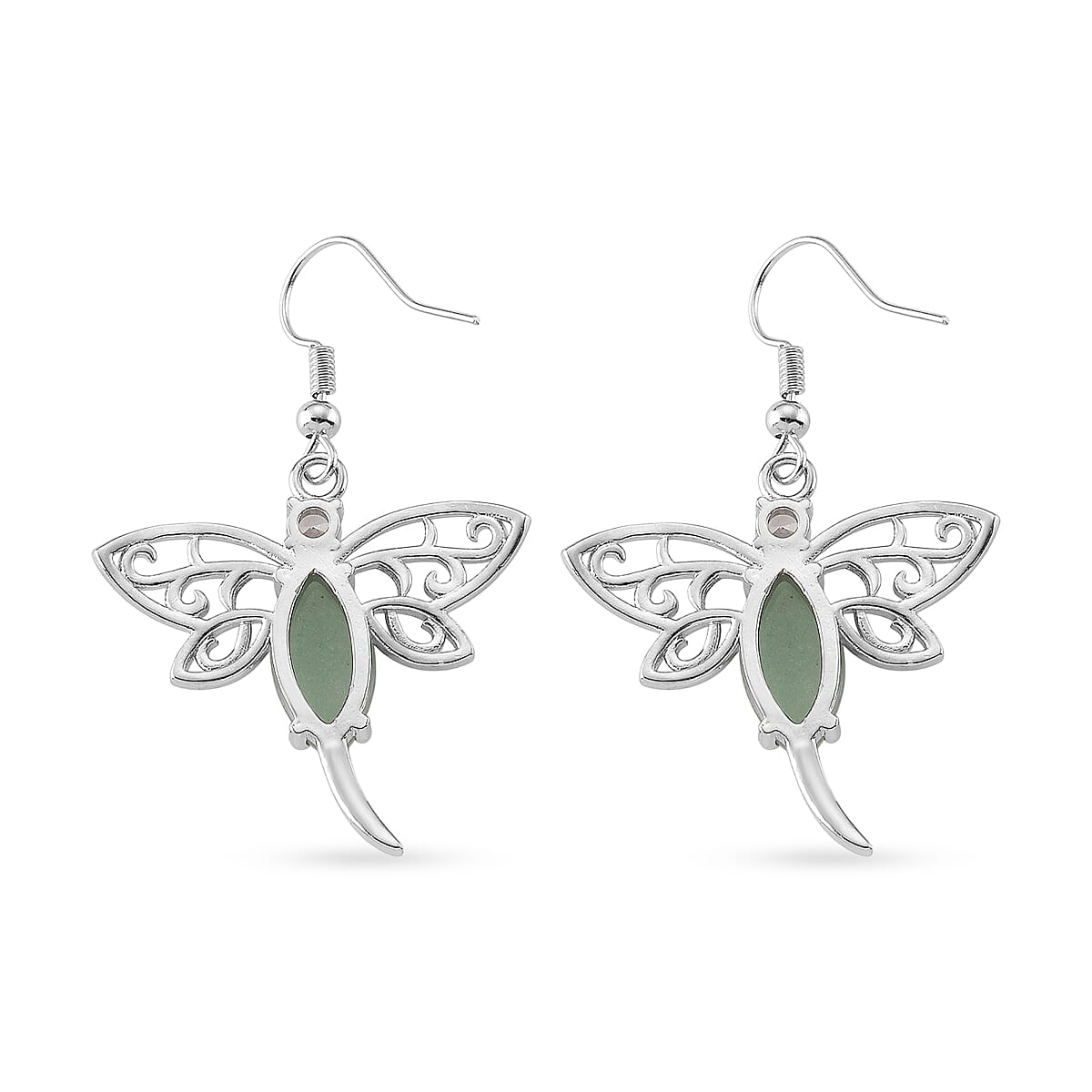 Green Aventurine and Austrian Crystal 12.00 ctw Dragonfly Earrings in Silvertone