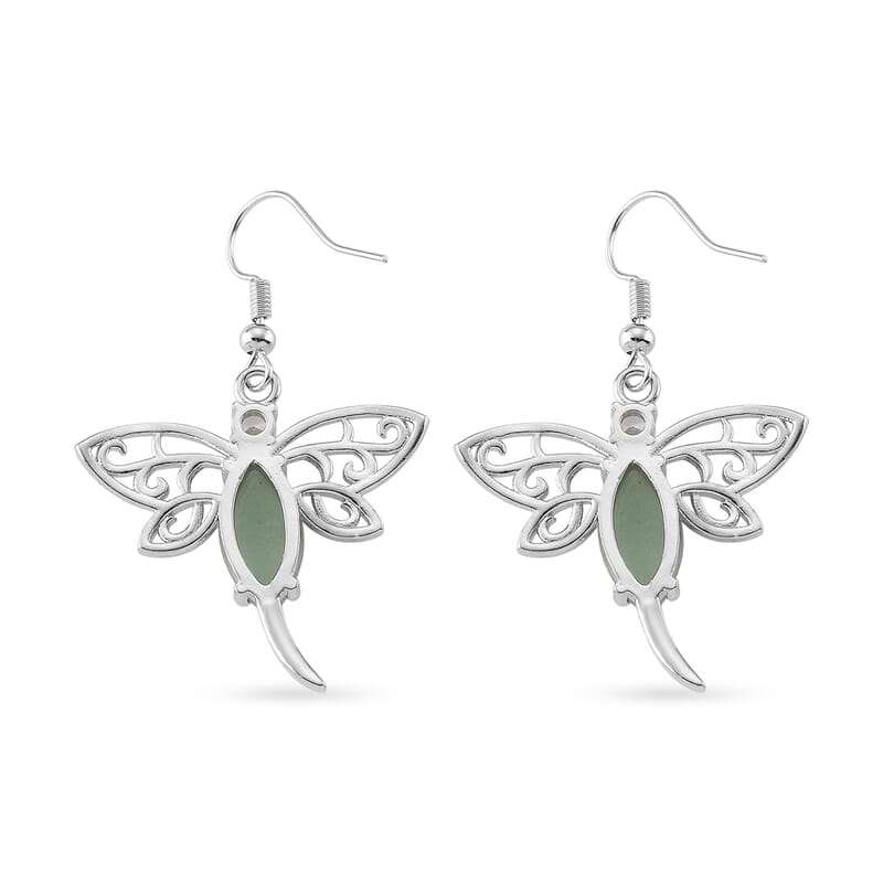 Green Aventurine and Austrian Crystal 12.00 ctw Dragonfly Earrings in Silvertone