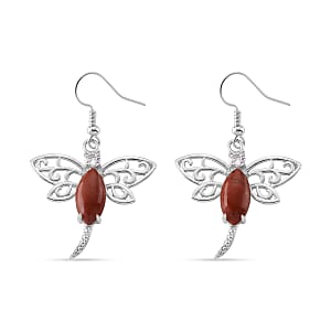 Red Jasper and Austrian Crystal 12.00 ctw Dragonfly Earrings in Silvertone