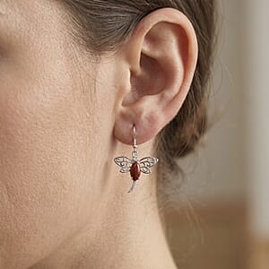 Red Jasper and Austrian Crystal 12.00 ctw Dragonfly Earrings in Silvertone