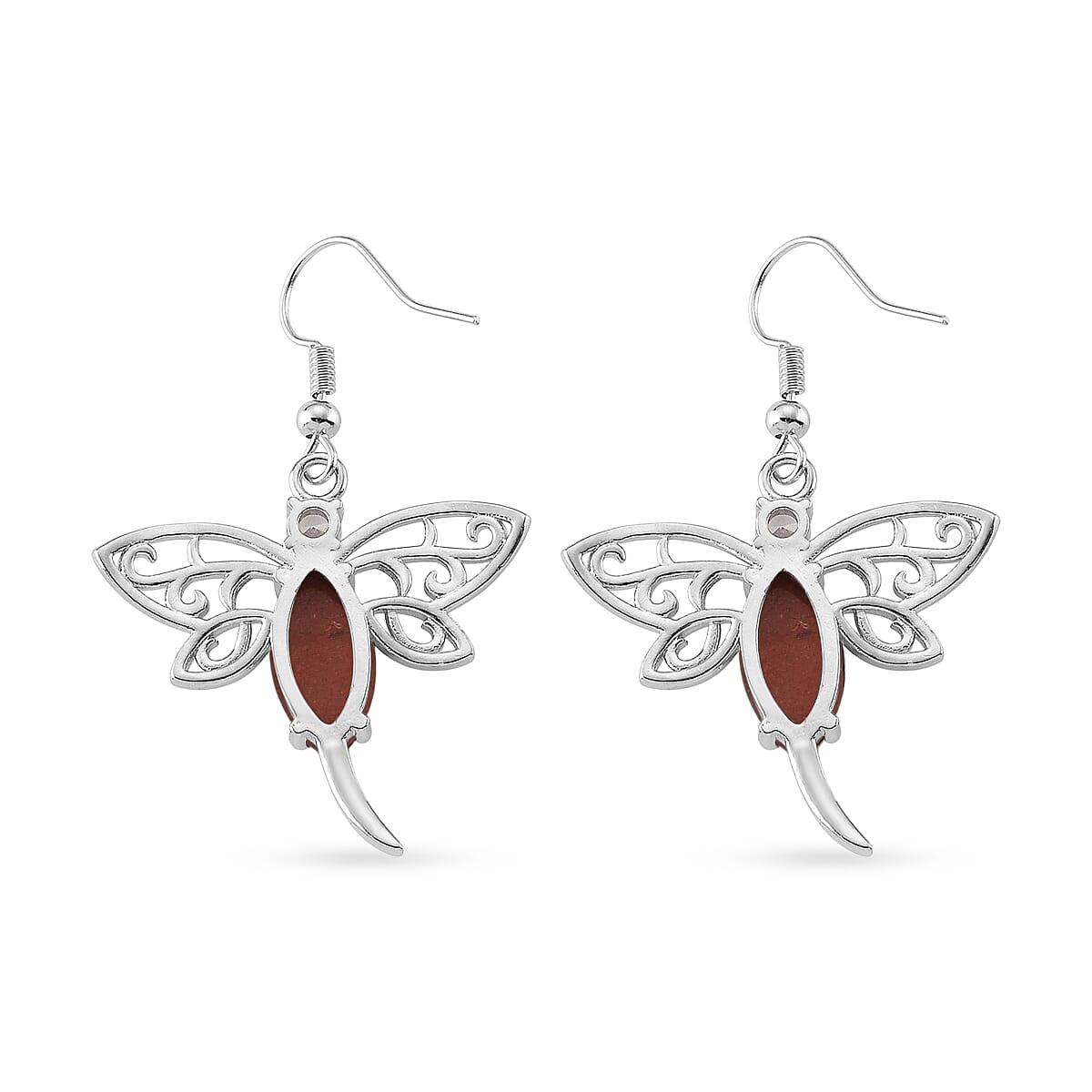 Red Jasper and Austrian Crystal 12.00 ctw Dragonfly Earrings in Silvertone image number 3