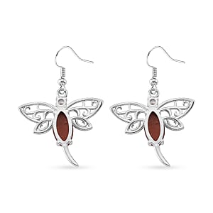 Red Jasper and Austrian Crystal 12.00 ctw Dragonfly Earrings in Silvertone