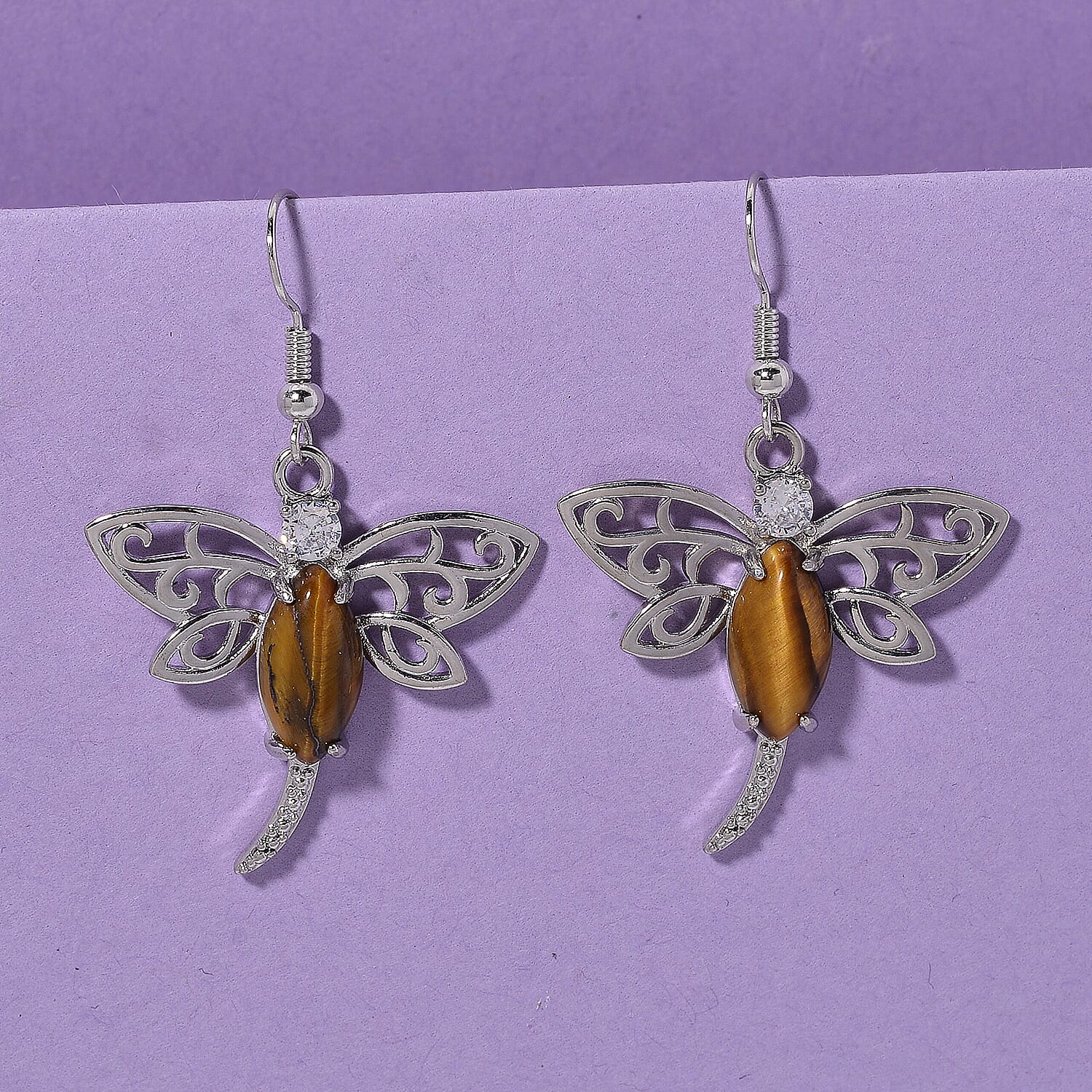 Yellow Tiger's Eye and Austrian Crystal 12.00 ctw Dragonfly Earrings in Silvertone