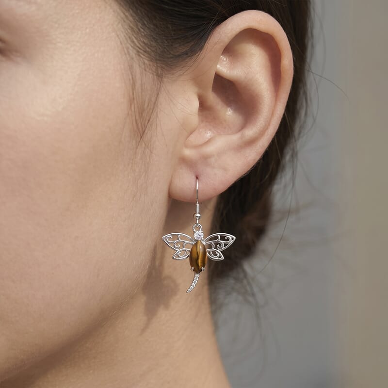 Yellow Tiger's Eye and Austrian Crystal 12.00 ctw Dragonfly Earrings in Silvertone