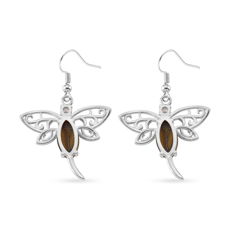Yellow Tiger's Eye and Austrian Crystal 12.00 ctw Dragonfly Earrings in Silvertone