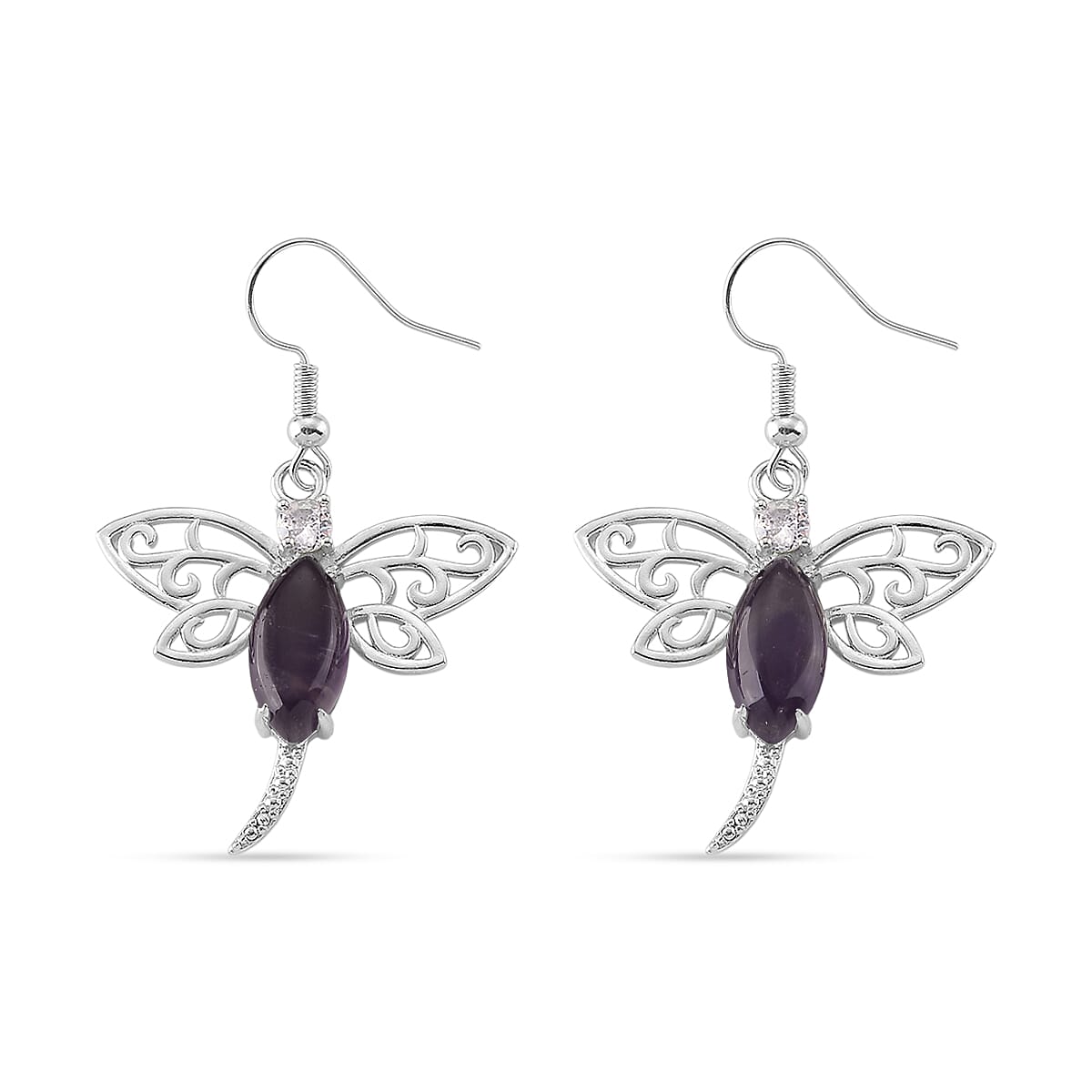 African Amethyst and Austrian Crystal 12.00 ctw Dragonfly Earrings in Silvertone