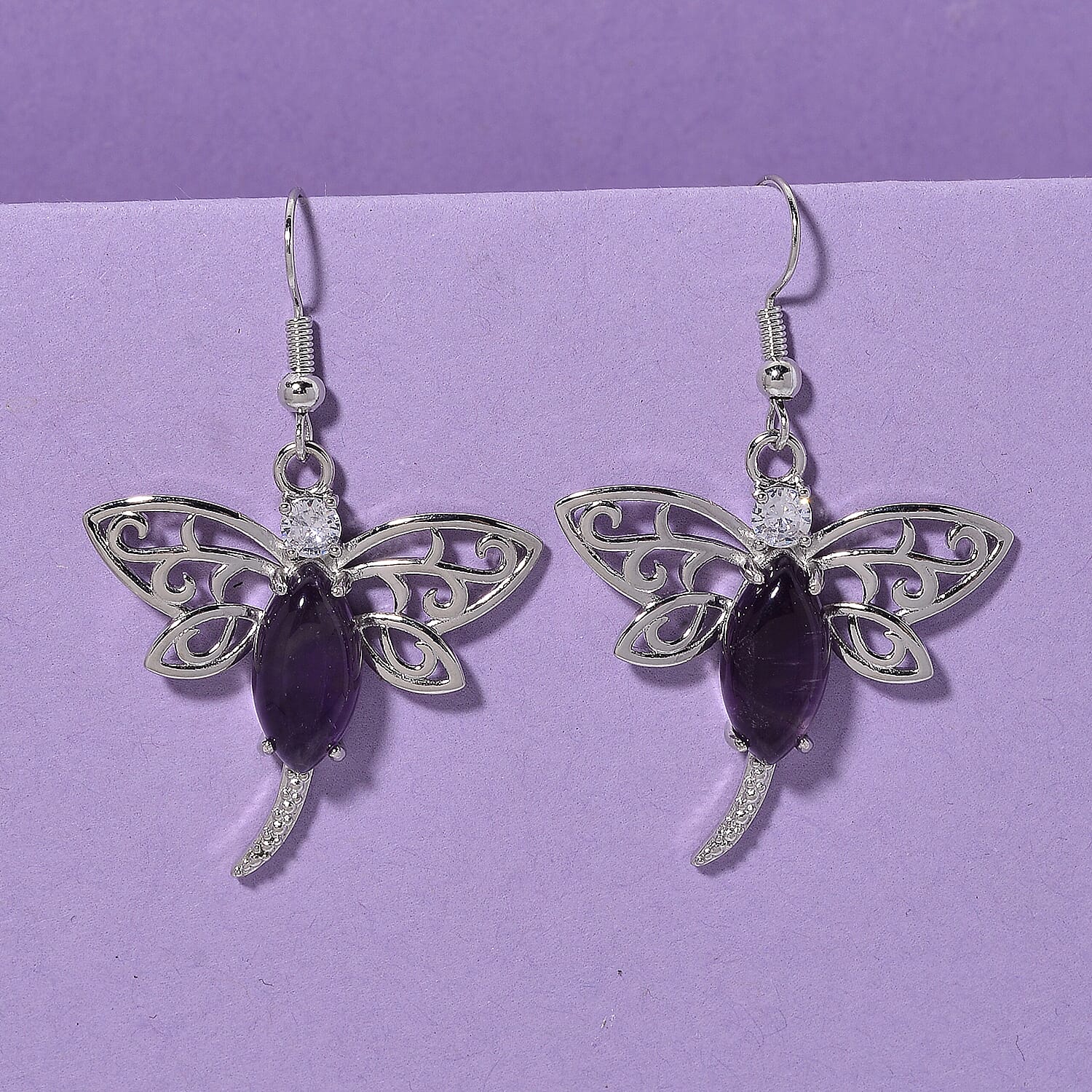 African Amethyst and Austrian Crystal 12.00 ctw Dragonfly Earrings in Silvertone