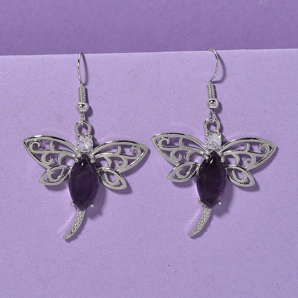 African Amethyst and Austrian Crystal 12.00 ctw Dragonfly Earrings in Silvertone image number 1