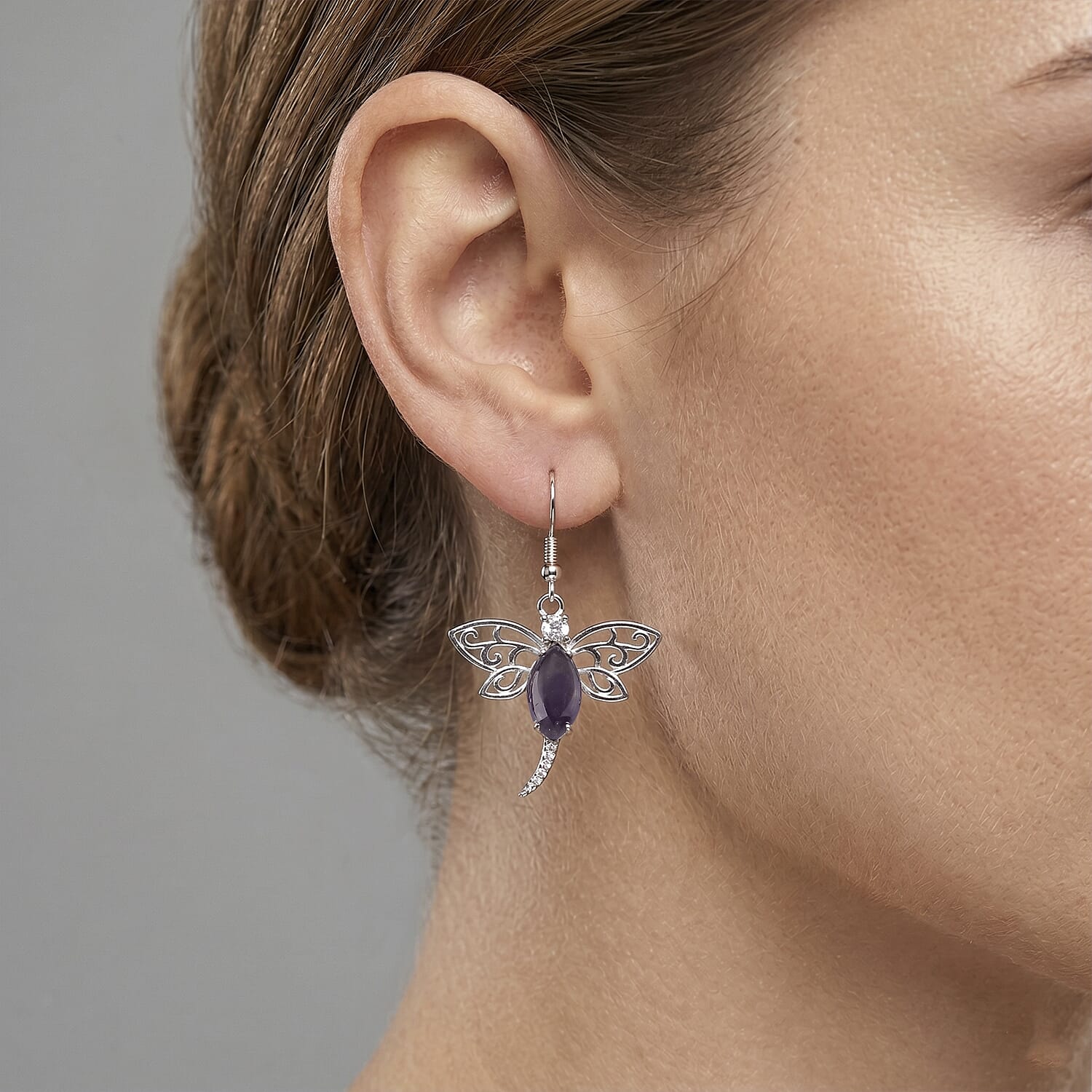African Amethyst and Austrian Crystal 12.00 ctw Dragonfly Earrings in Silvertone