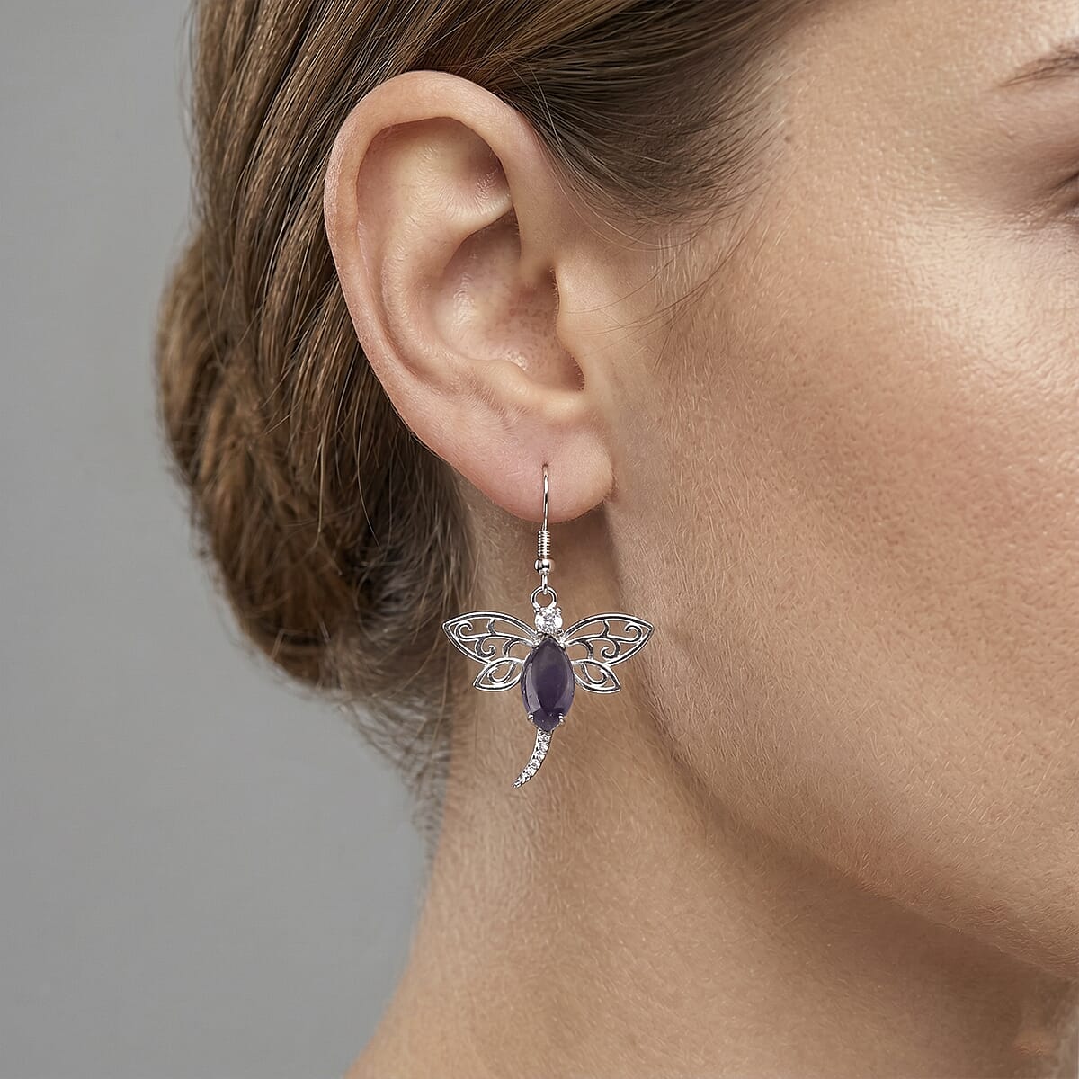 African Amethyst and Austrian Crystal 12.00 ctw Dragonfly Earrings in Silvertone image number 2