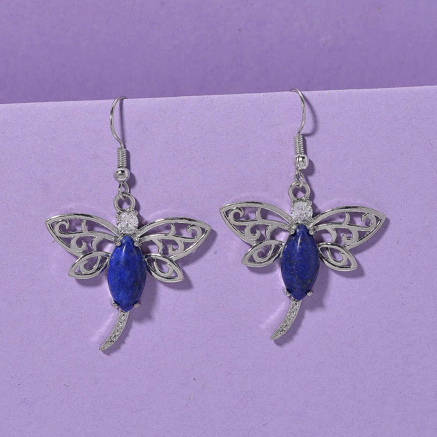Lapis Lazuli and Austrian Crystal 12.00 ctw Dragonfly Earrings in Silvertone