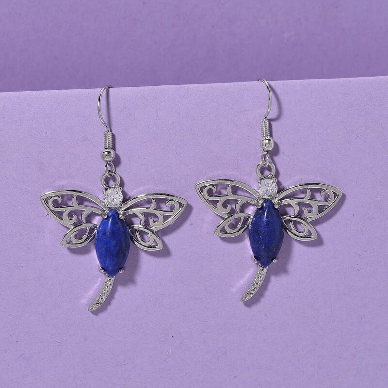 Lapis Lazuli and Austrian Crystal 12.00 ctw Dragonfly Earrings in Silvertone