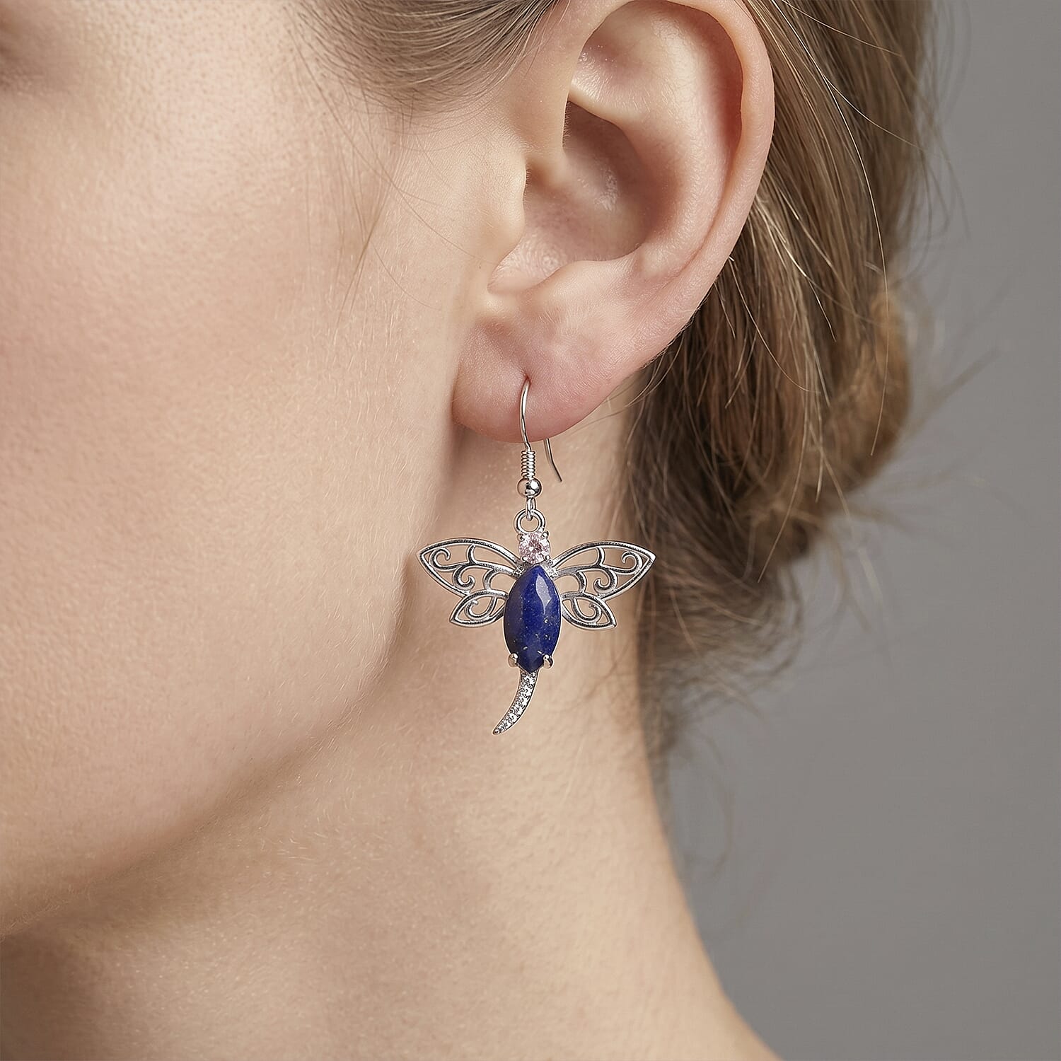 Lapis Lazuli and Austrian Crystal 12.00 ctw Dragonfly Earrings in Silvertone