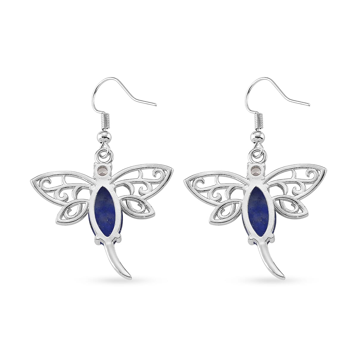 Lapis Lazuli and Austrian Crystal 12.00 ctw Dragonfly Earrings in Silvertone