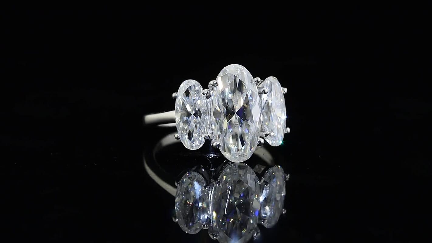 D''Joy Moissanite 5.25 ctw 3 Stone Ring in Rhodium Over Sterling Silver (Size 7.0)